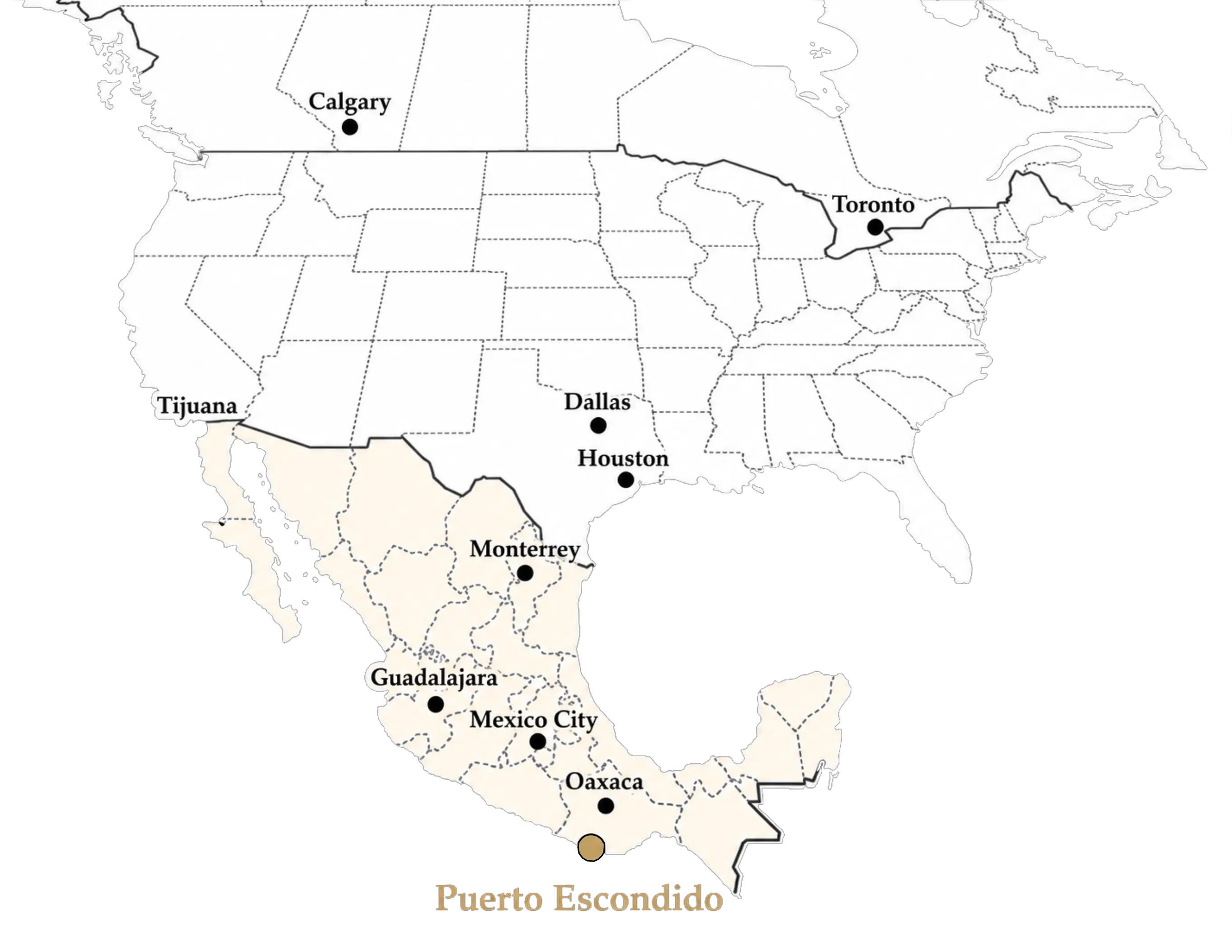 Mapa de vuelos directos a Puerto Escondido