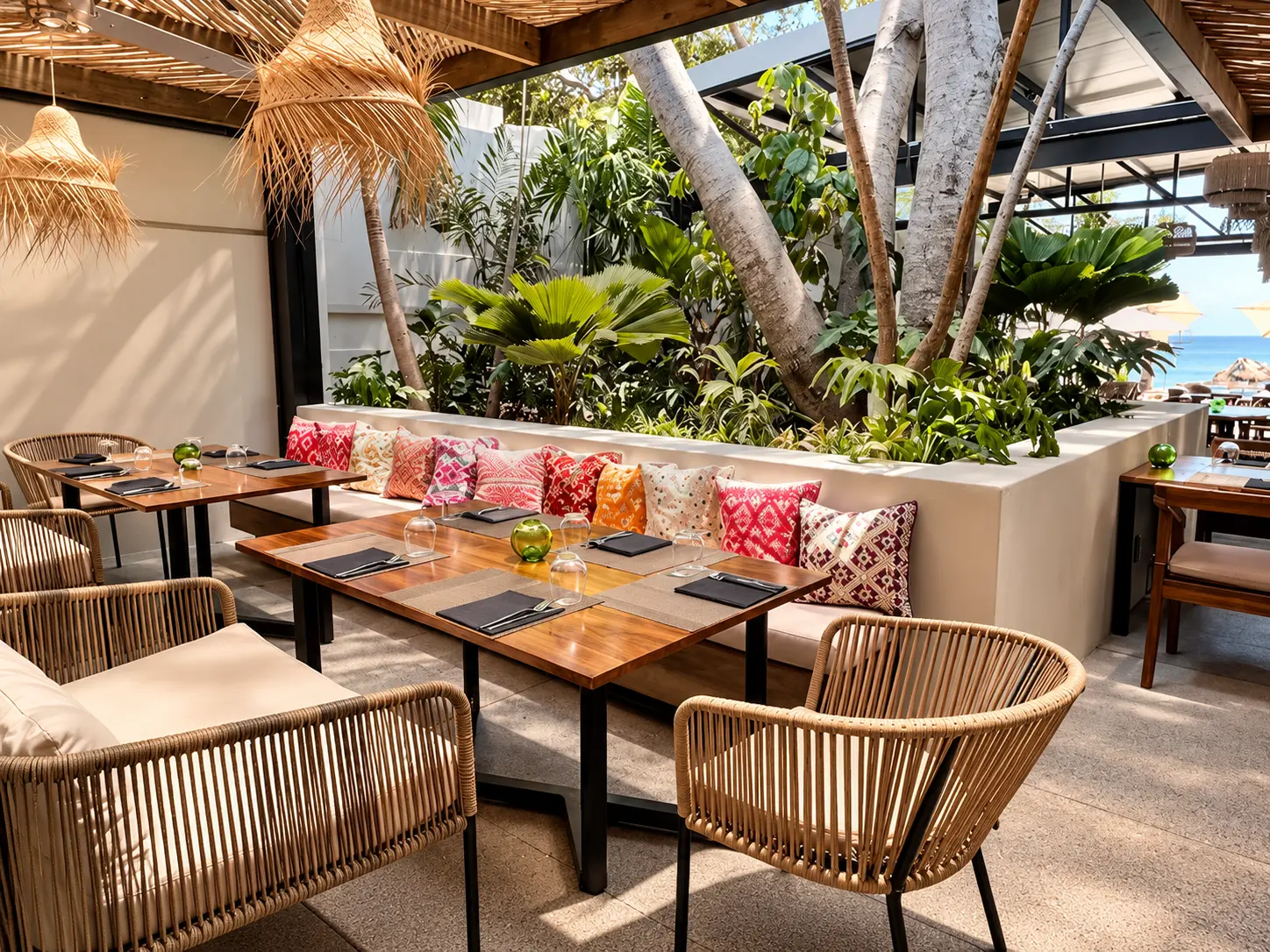 Open-air restaurant patio with rattan chairs, woven lamps, colorful Oaxacan cushions and a tropical garden, with the ocean in the distance